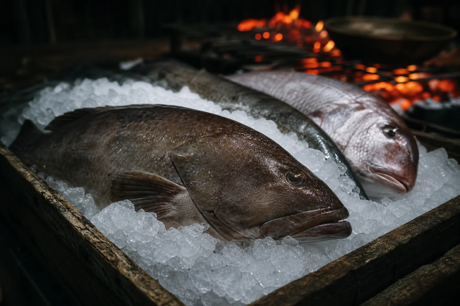 Whole fish laid on crushed ice, ready to be weighed and grilled at the Shore. An illustration generated for Sanbuk, not a photograph of its own.